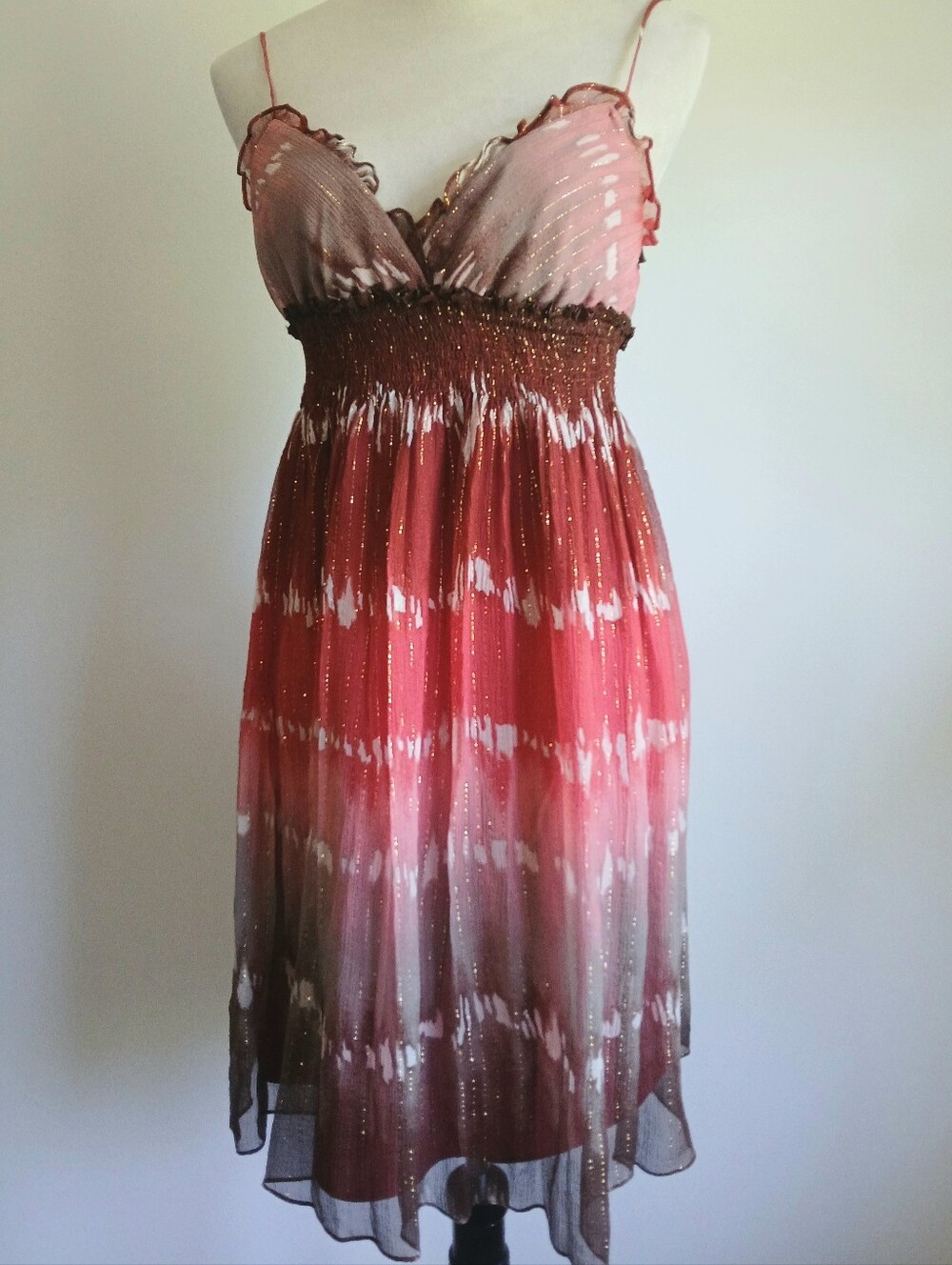 BCBG MaxAzria-Small-Mini dress-Boho chiffon silk-Watermelon coral brown ombre